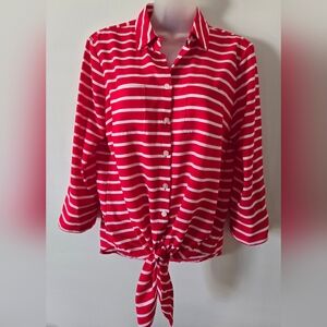 Jones New York Signature Petite Top Red/White Tie Front Sz PM Euc